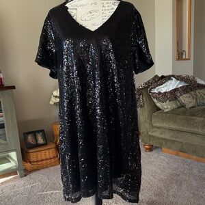 Black Sequin V‑Neck Midi Dress